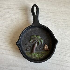 Vintage Mini Hand Painted Palm tree and sailboat 3D black Cast Iron Frying Pan